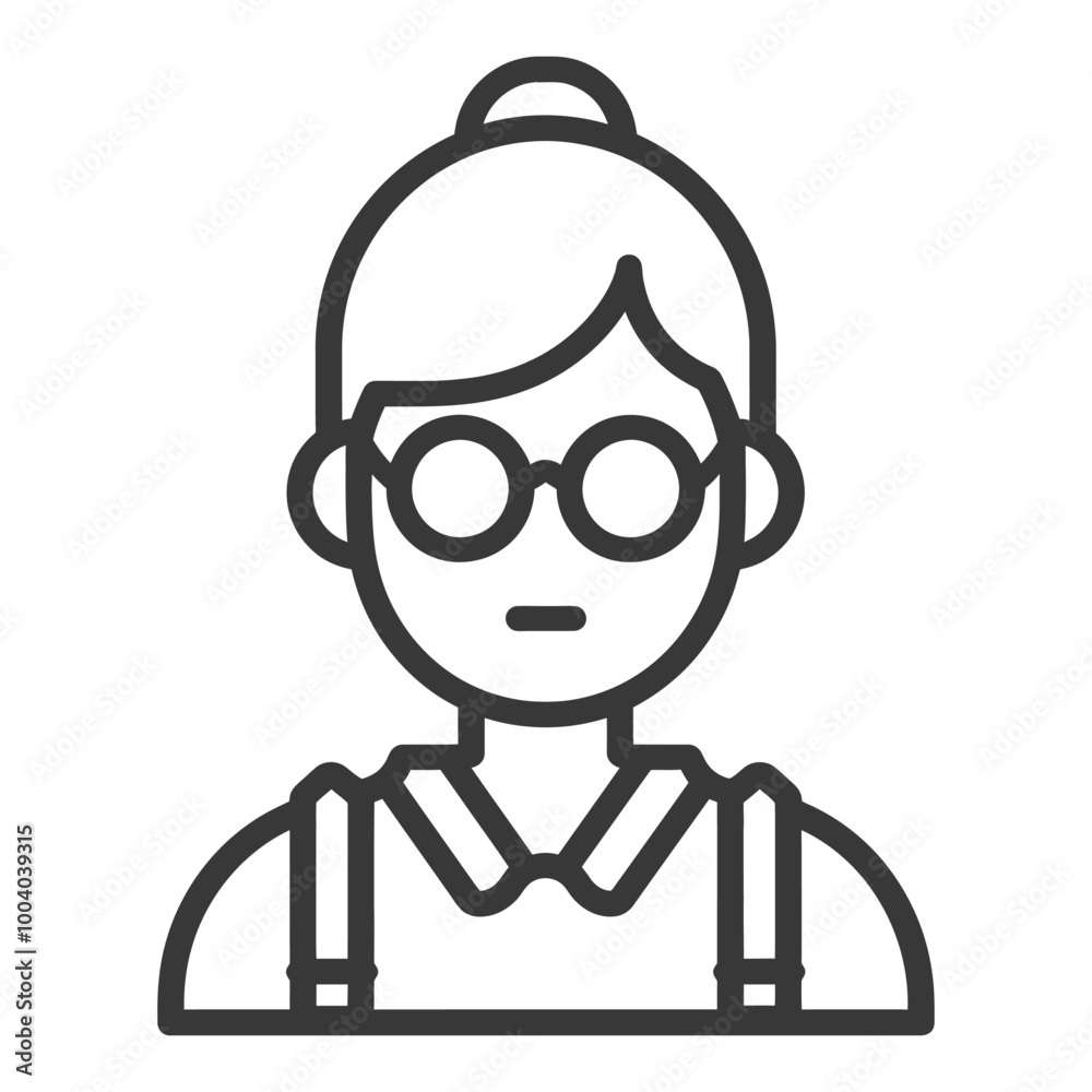 Line drawing illustration of a woman with glasses and a bun Line drawing illustration of a woman with glasses and a bun