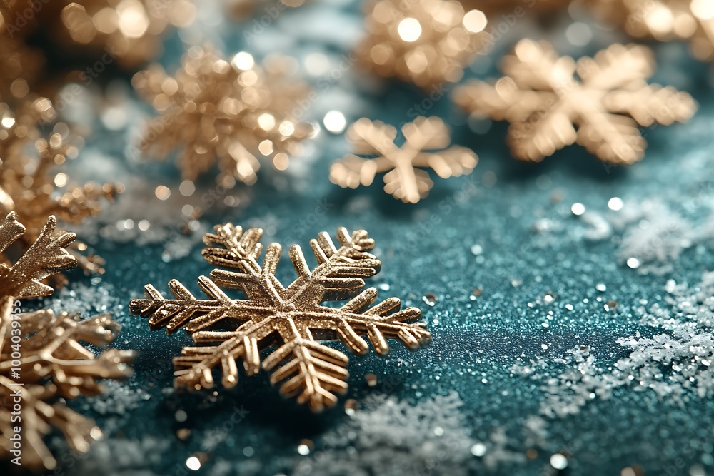 Golden snowflakes on a sparkly blue background Golden snowflakes on a sparkly blue background