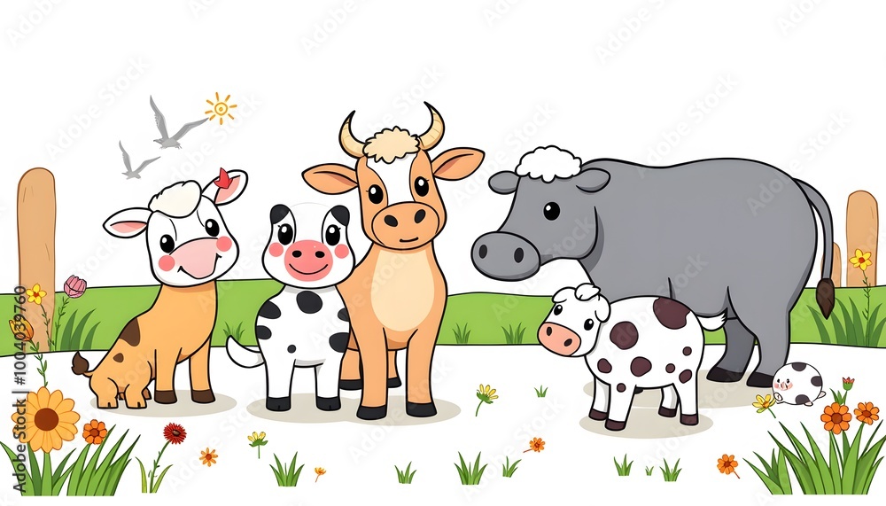 Adorable cartoon illustration of a cow family in a flower-filled field ...
