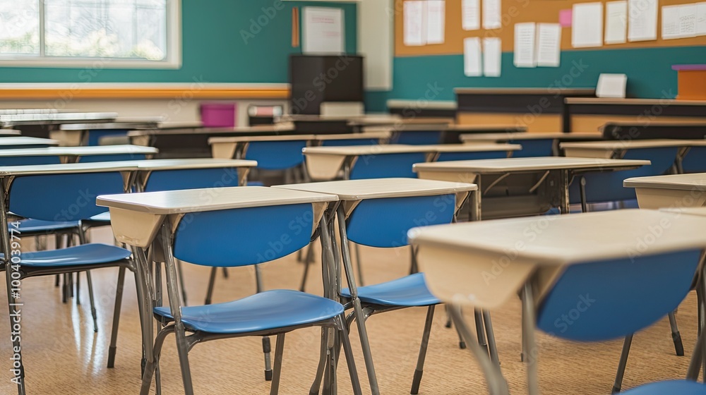 North American high school classroom with clean rows of desks and chairs, leaving ample room for text. North American high school classroom with clean rows of desks and chairs, leaving ample room for text.