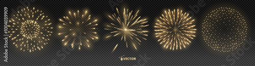 Shiny golden fireworks explosion isolated. Holiday decoration for Christmas and New year party. Festive elements for birthday invitations, wedding, diwali banners. Easy to change colours. Vector.