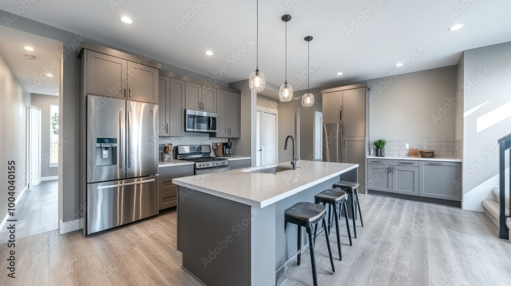 Spacious modern kitchen with an island and stainless steel appliances, leaving room for copy. Spacious modern kitchen with an island and stainless steel appliances, leaving room for copy.