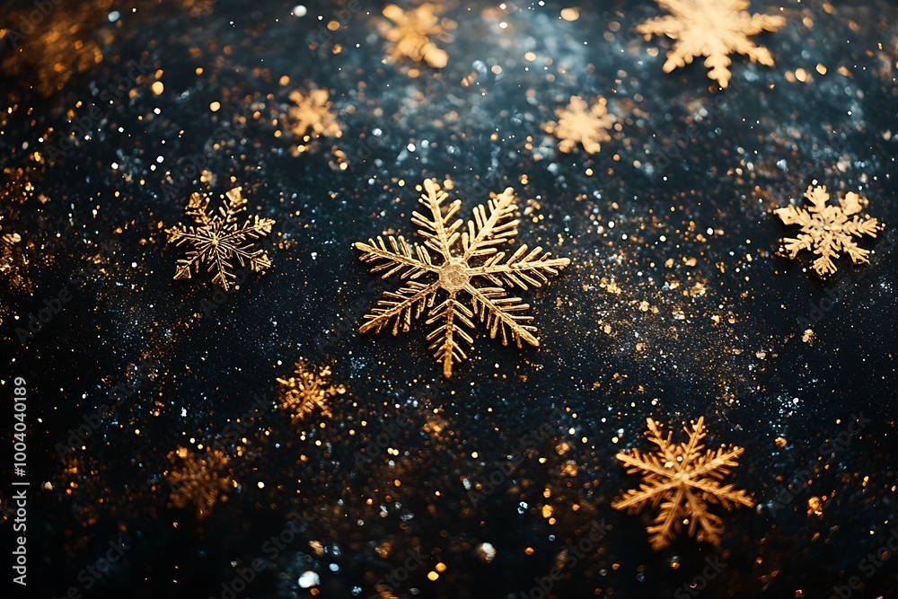 Golden snowflakes on a black glittery background for Christmas Golden snowflakes on a black glittery background for Christmas