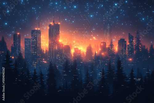 Vector illustration featuring digital abstract technology with space for titles, layered over a forest background. Ideal for tech design concepts. 