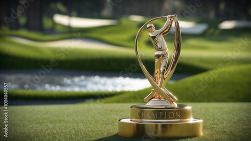 Golf championship trophy with golf course Background photo