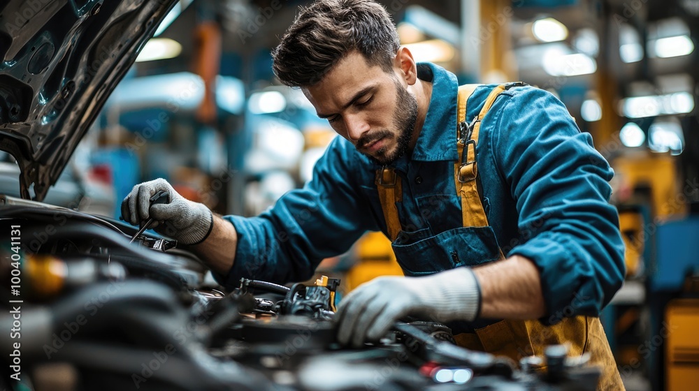 Expert Mechanic Diagnosing and Repairing Car Issues in Professional Auto Shop Setting Expert Mechanic Diagnosing and Repairing Car Issues in Professional Auto Shop Setting