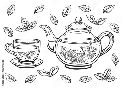 Teapot, cup, mint leaves. Hand drawn vector illustration in outline style.