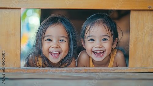 Two joyful children smiling and peeking through a wooden window