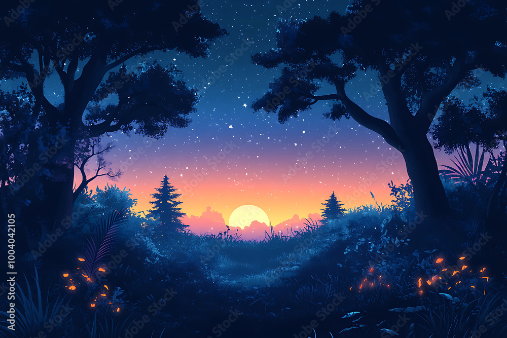 illustration featuring digital abstract technology with space for titles, layered over a forest background. Ideal for tech design concepts.	
