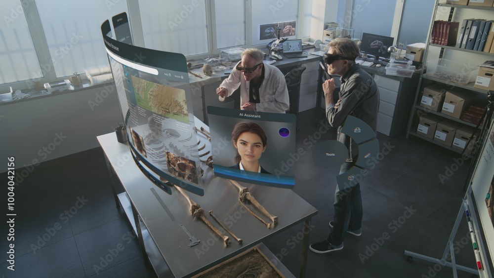 Fototapeta premium Advanced archaeological lab: Two archaeologists in VR headsets study skeleton remains using augmented reality. 3D animation of holographic display with AI voice assistant and information web browser.