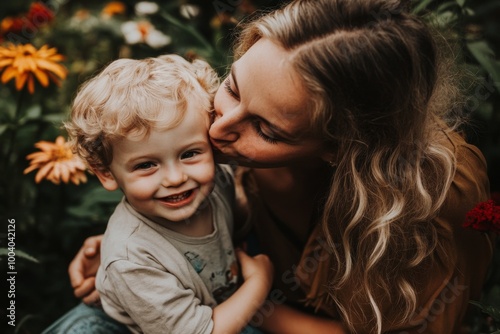 In the backyard, a family looks at toddlers rubbing noses with a smile