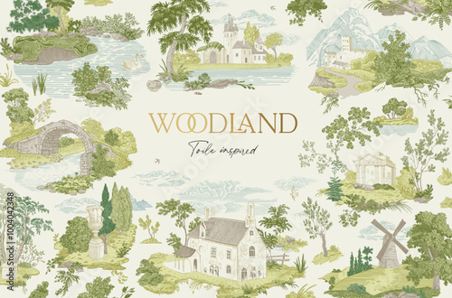 Horizontal card. Woodland. Toile inspired. Vector vintage illustration. Green.