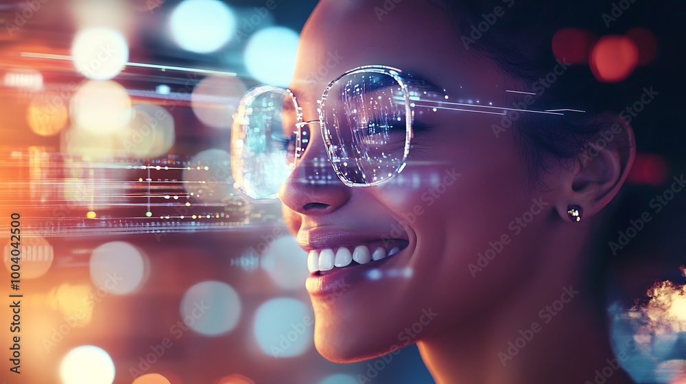 Woman Wearing Glasses with Digital Data Overlay and Bokeh Lights Woman Wearing Glasses with Digital Data Overlay and Bokeh Lights