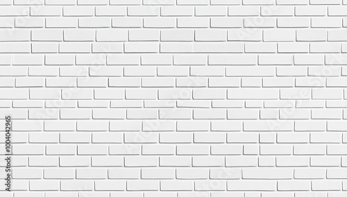 White brick wall image with light gray shades seamless pattern texture background in wide panorama banner format. Illustration of modern white brick wall.