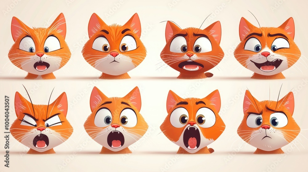 Fototapeta premium Cute Cartoon Cat Emotions Set: Expressive Feline Character Showing Joy, Anger, Surprise, Sadness, and More