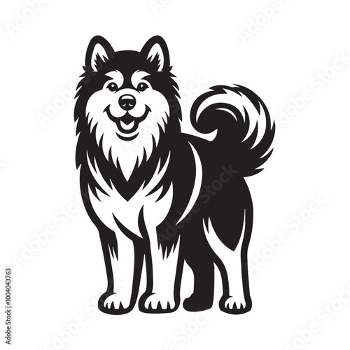 Alaskan Malamute Dog  Standing Vector illustration black and white
