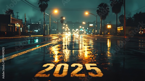 A wet city boulevard gleams under the warm glow of lights, with '2025' marked prominently on the wet pavement, capturing the essence of urban life and motion. photo