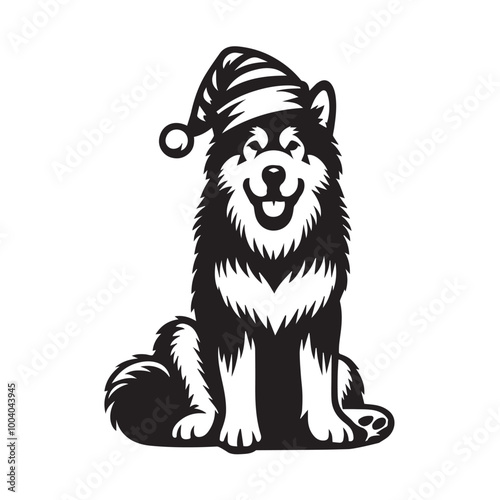 Alaskan Malamute Dog Sitting Vector illustration black and white
