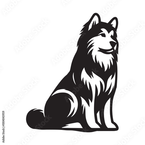 Alaskan Malamute Dog Sitting Vector illustration black and white
