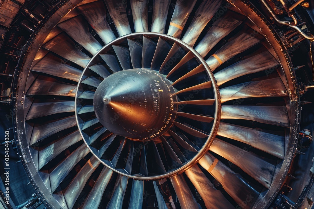 Airplane engine blades are shown in close up detail, illustrating complex engineering Airplane engine blades are shown in close up detail, illustrating complex engineering