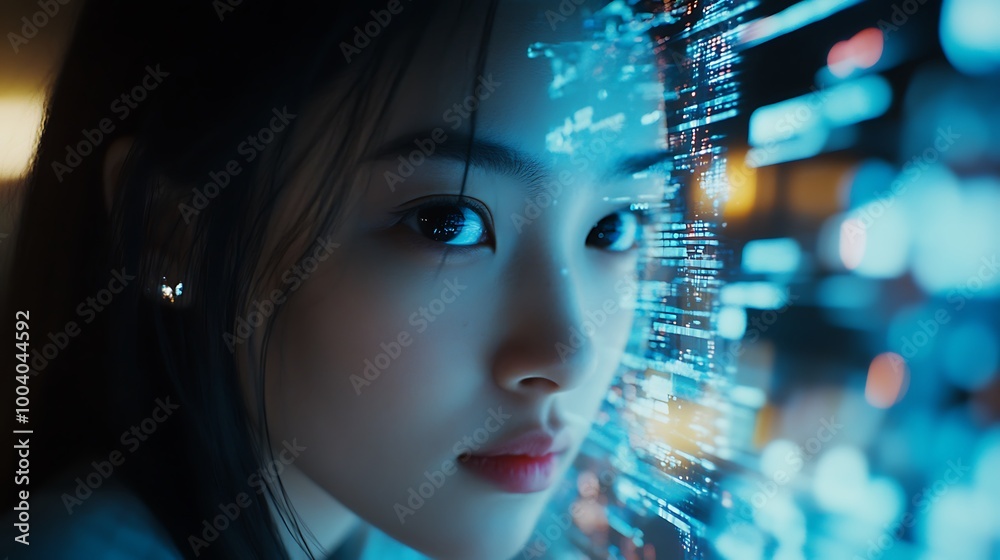 A Woman's Face Reflected in a Digital Interface A Woman's Face Reflected in a Digital Interface