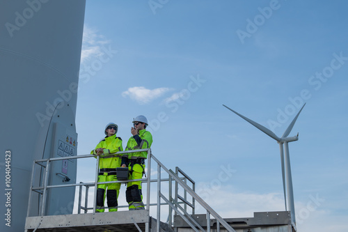 Wind Turbine Maintenance and Repair Technician, Engineer Checking Turbines working maintenance clean power generator system