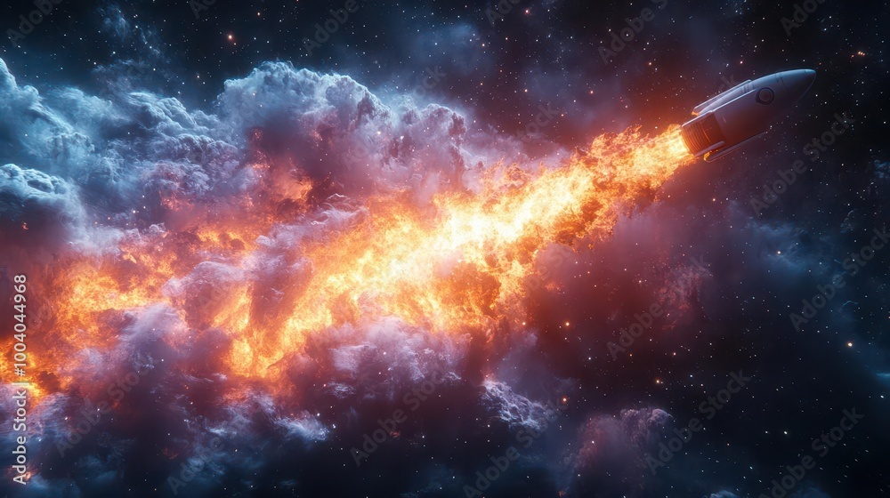 Obraz premium a spectacular launch of a space rocket visually erupting from a laptop screen dynamic colorful smoke trails creating a sense of adventure and exploration in a digital realm