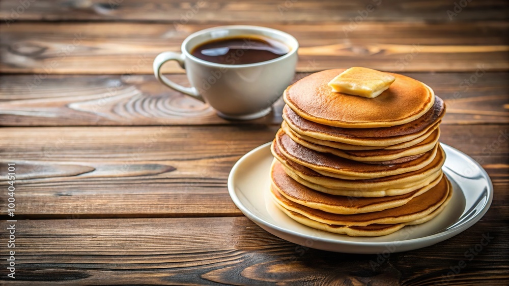 Wide-angle photo of homemade pancakes with coffee on a table Wide-angle photo of homemade pancakes with coffee on a table