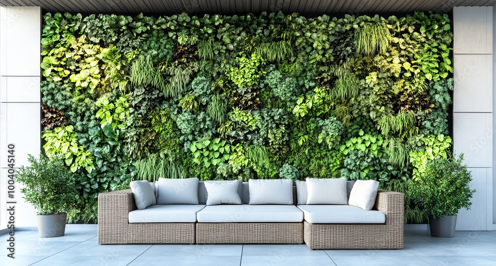 A 3D rendering of a living area with a balcony and green wall plants A 3D rendering of a living area with a balcony and green wall plants