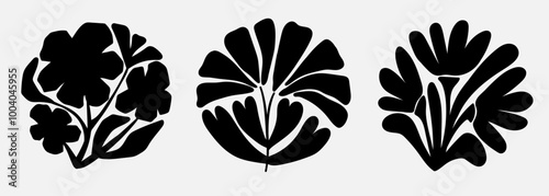 Set of groovy black flower plant. Circle botanical shape in modern style. Curvy psychedelic summer floral shadow decoration.