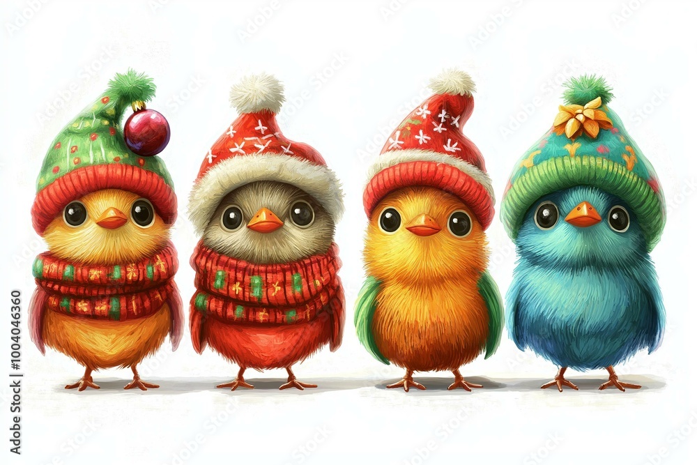 Fototapeta premium Adorable festive birds wearing colorful hats and scarves, perfect for holiday themes and seasonal decorations.