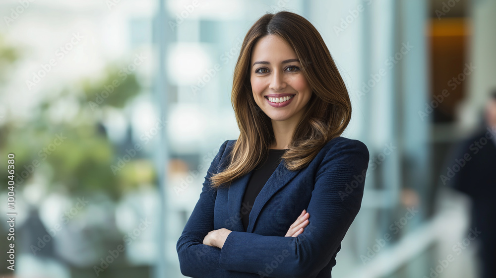 Successful businesswoman smiling with folded arms in office building