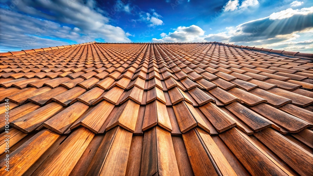 Wide-angle roof with wooden tiles on a wooden background Wide-angle roof with wooden tiles on a wooden background