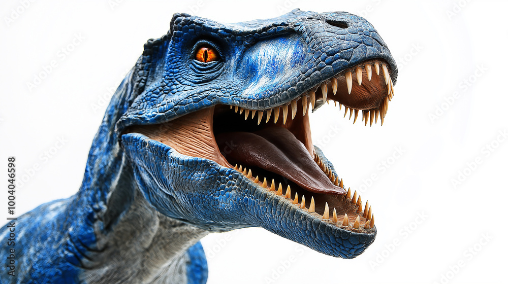 Naklejka premium Blue raptor dinosaur baring teeth showing tongue