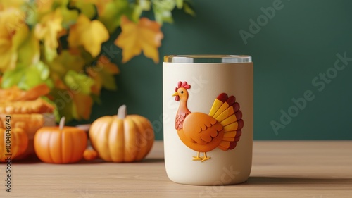 Festive Thanksgiving glass with turkey design against autumn backdrop, perfect for seasonal celebrations. photo