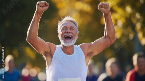 Senior man winning marathon celebrating with fists in the air