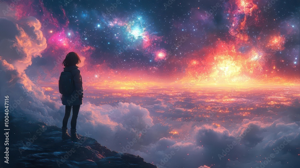 a stunning anime girl gazing at the universe surrounded by cosmic elements and futuristic technology rendered in vibrant colors that evoke a sense of wonder and adventure in a scifi setting a stunning anime girl gazing at the universe surrounded by cosmic elements and futuristic technology rendered in vibrant colors that evoke a sense of wonder and adventure in a scifi setting