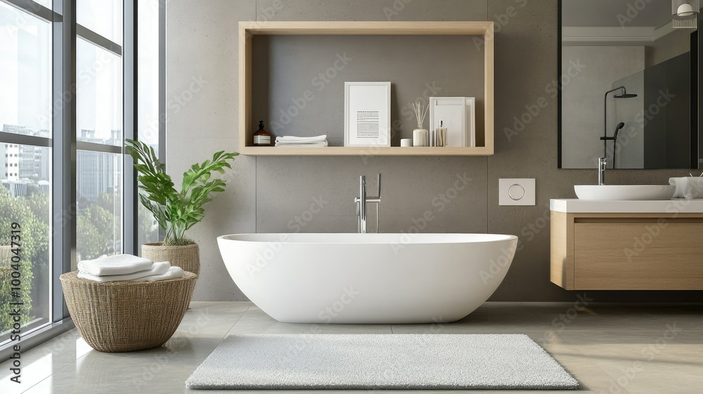 Modern bathroom with clean lines and neutral tones, leaving space for copy on the wall. Modern bathroom with clean lines and neutral tones, leaving space for copy on the wall.