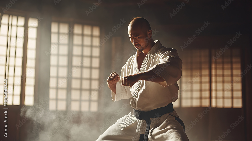 Karate Practitioner Demonstrating Moves in Dojo Setting Karate Practitioner Demonstrating Moves in Dojo Setting