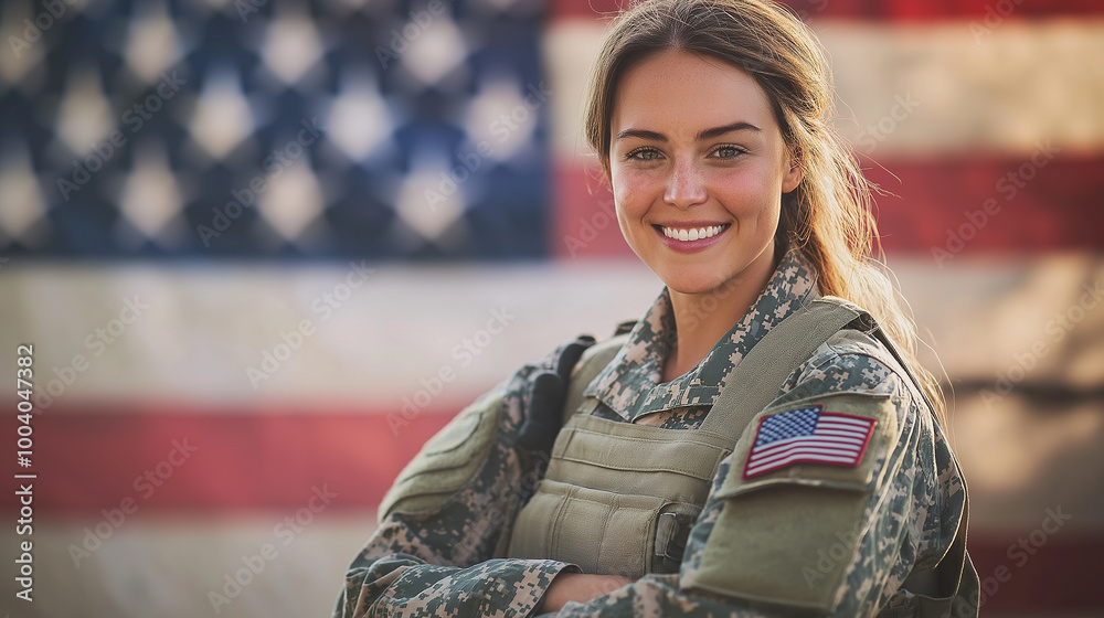 Smiling female soldier standing with arms crossed in front of american flag