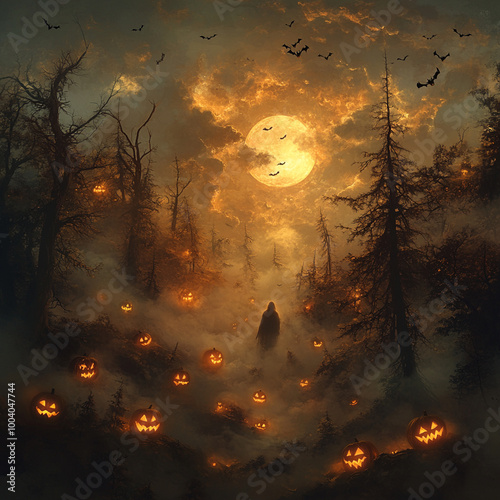 A haunted forest filled with glowing jack o lanterns creates an eerie atmosphere under full moon. Bats fly overhead, enhancing spooky ambiance of this Halloween scene photo