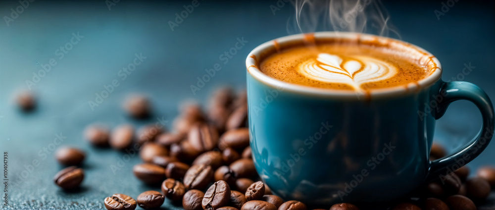 Tazza di Cappuccino con Latte Art su Sfondo Blu e Chicchi di Caffè Sparsi.
