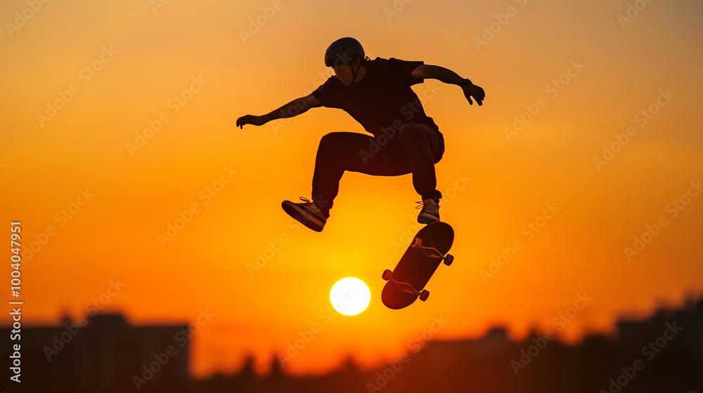 Silhouette of skateboarder performing a trick at sunset Silhouette of skateboarder performing a trick at sunset