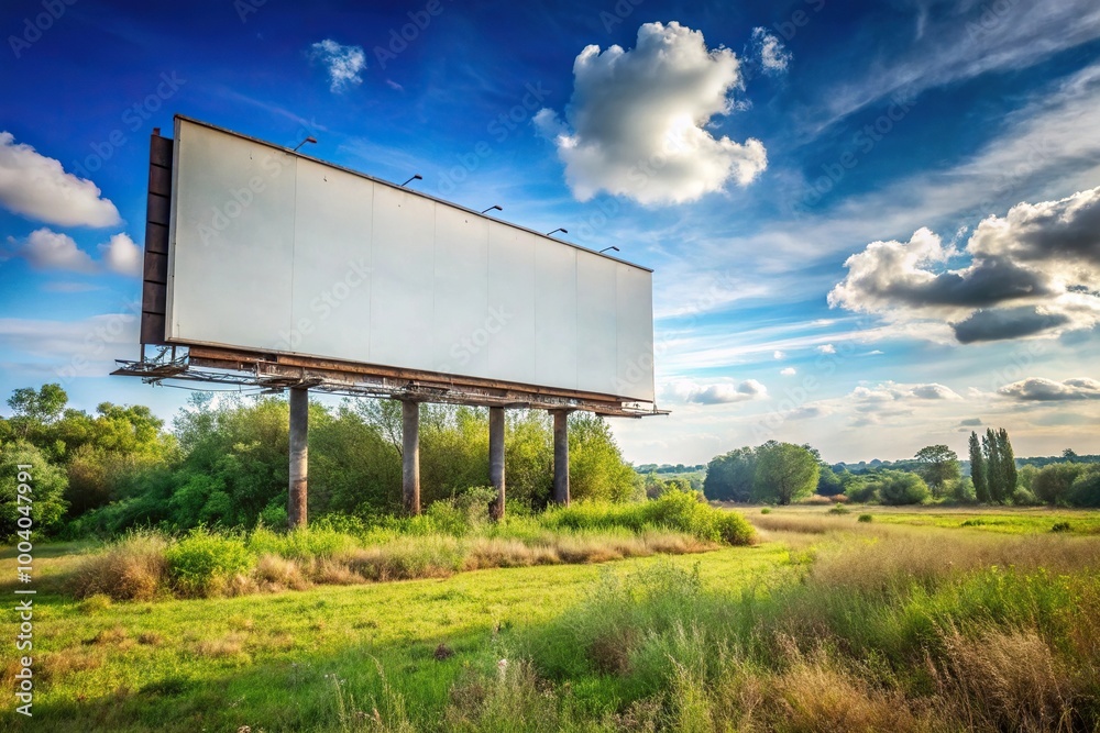 Wide-angle shot of an abandoned billboard in a field Wide-angle shot of an abandoned billboard in a field