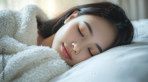 Serene Asian Thai Woman Sleeping Peacefully on White Bed in Soft Morning Light