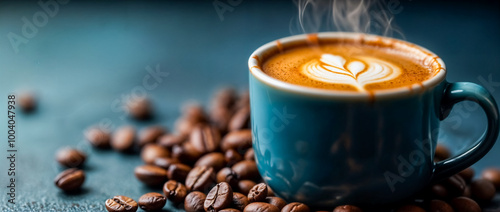 Obraz na płótnie Tazza di Cappuccino con Latte Art su Sfondo Blu e Chicchi di Caffè Sparsi. w salonie