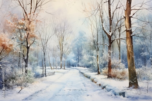 Winter walkway watercolor landscape outdoors woodland.