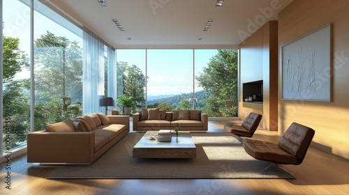 Modern living room with sleek furniture and large windows  leaving ample room for copy on the wall.