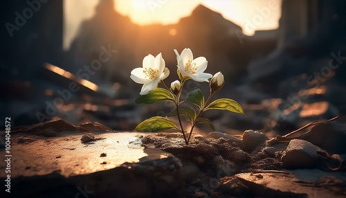 Ambiance post-apocalyptique, un jasmin parvient à pousser entre les gravats. Le soleil perce et l'éclaire à contre-jour. photo