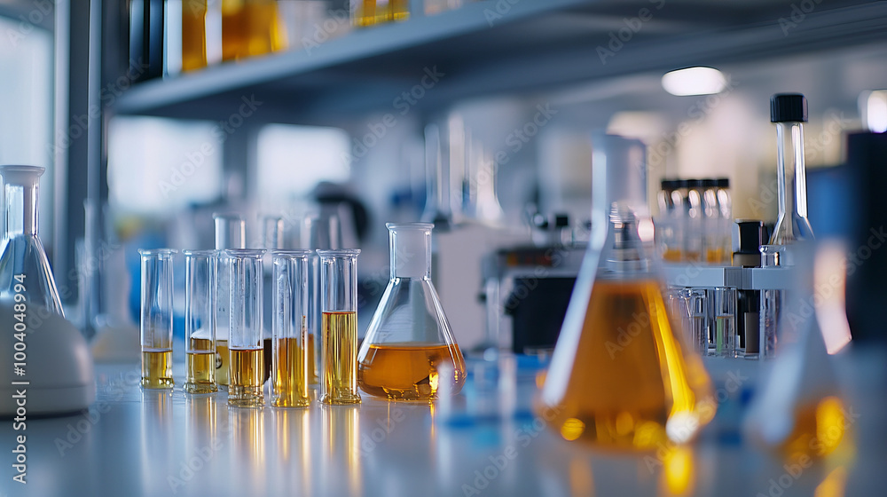 Laboratory Equipment with Tubes and Flasks in Focus Laboratory Equipment with Tubes and Flasks in Focus